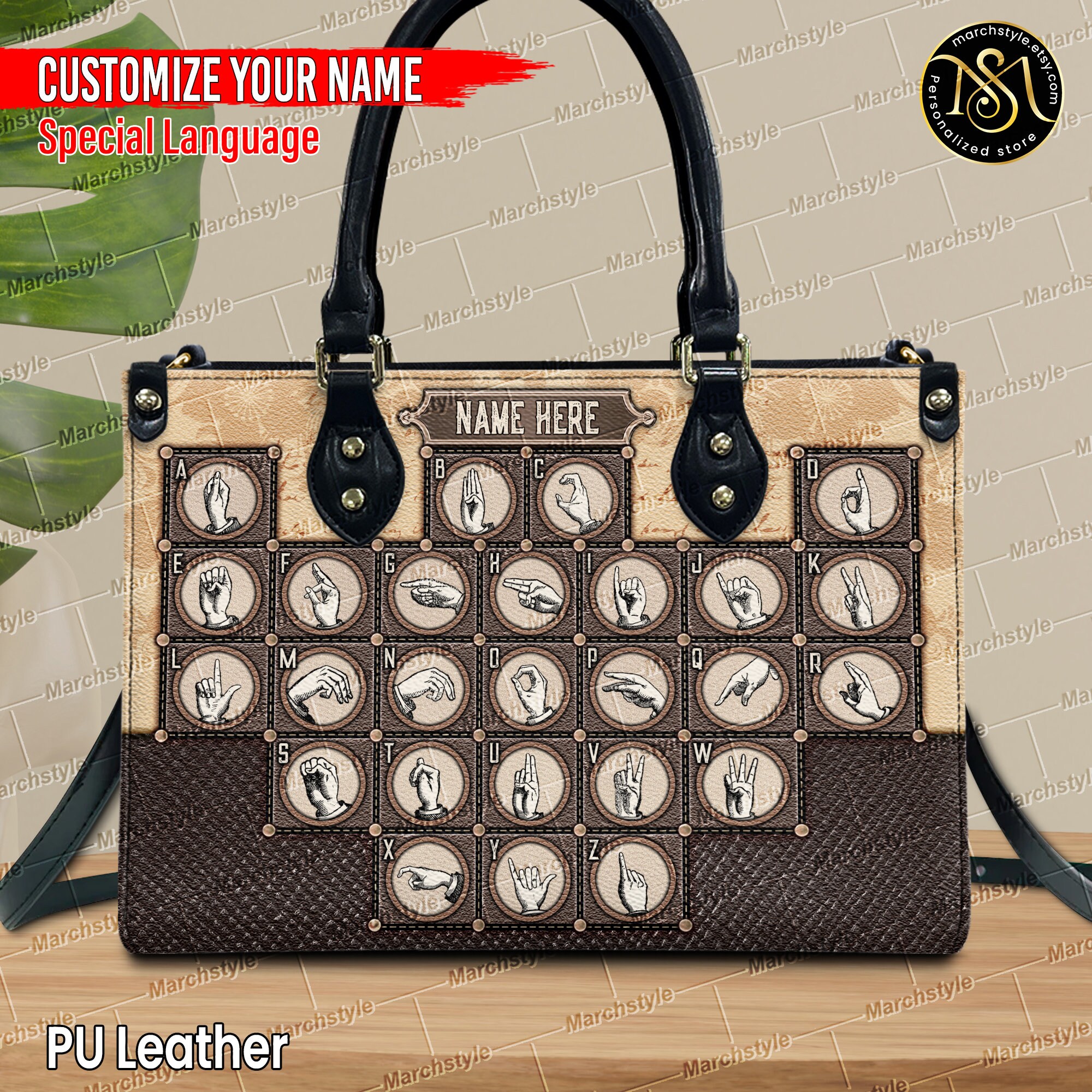 Discover Marchstyle - Personalized Leather Handbag with Vintage Special Language, Custom Name Special Education, Gift for Hearing Impaired
