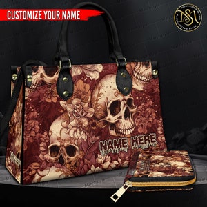 Märzstil - Personalisierte Lederhandtasche & Geldbörse mit Blumenschädel, benutzerdefinierte Name Luxus Schädel Geldbörse, Horror Geldbörse, Halloween-Geschenke für Frau