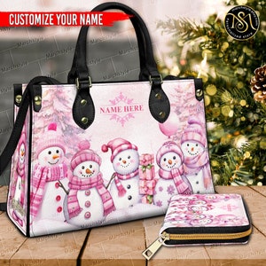 Marchstyle - Bolso y cartera de cuero con muñeco de nieve navideño personalizado en color rosa, bolso de mujer navideño, bolso y cartera navideños para mujer