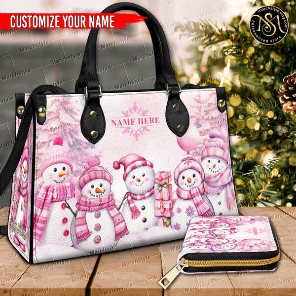 Marchstyle - Personalized Pink Christmas Snowman Leather Handbag & Purse,Christmas Woman Handbag, Christmas Women Bag and Purse