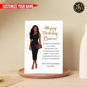 May include: A personalized birthday card featuring an illustration of a woman in a black dress, holding a burgundy clutch. The card includes the text "Happy Birthday, Custom!" and the words "Customize Your Name" at the top.