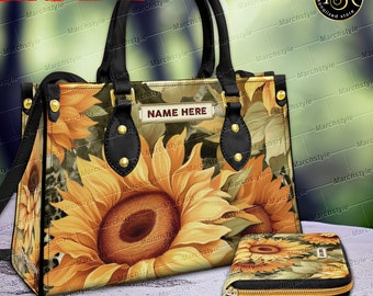 Marchstyle - Custom Name Sunflower Leopard Leather HandBags & Purse for Women, Sunflower Vintage Wallet,Sunflower Purse,Flower Leather Purse