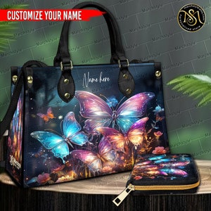 Marchstyle Aangepaste naam Magic Forest met kleurrijke vlinders lederen tas en portemonnee, Dream Forest Butterfly met kleurrijke vleugels tas portemonnee afbeelding 1