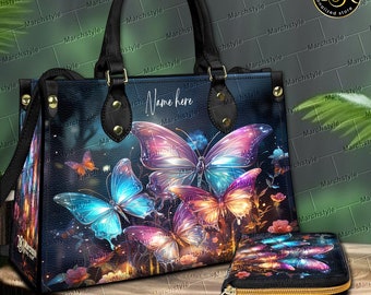 Marchstyle – Ledertasche und Geldbörse mit individuellem Namen, magischer Wald mit bunten Schmetterlingen, Brieftasche mit Traumwald-Schmetterling und bunten Flügeln