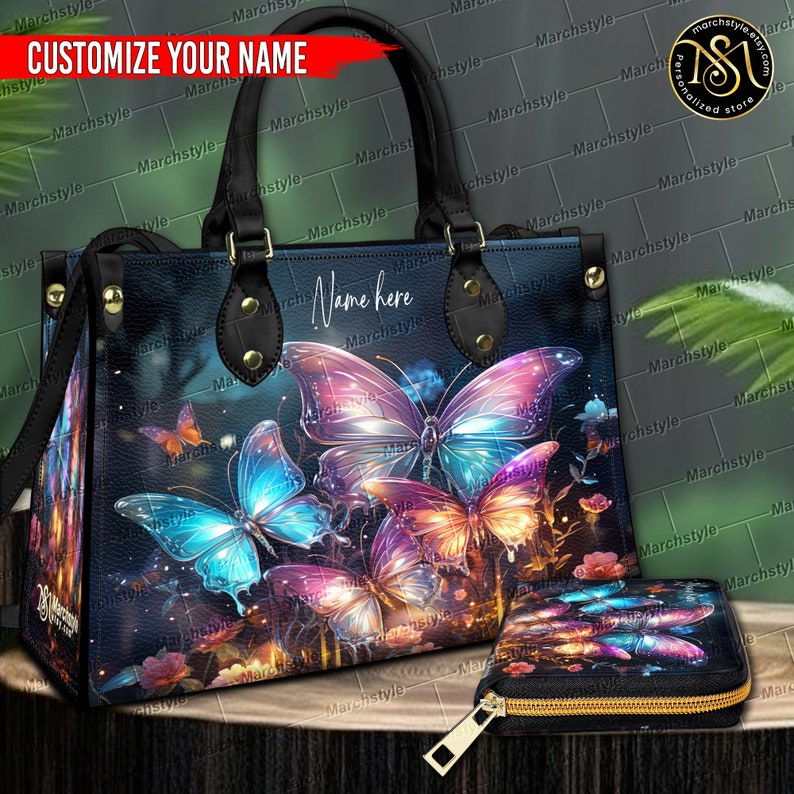 Marchstyle Nome personalizzato Foresta magica con borsa e borsetta in pelle con farfalle colorate, Farfalla della foresta da sogno con portafoglio con ali colorate immagine 1