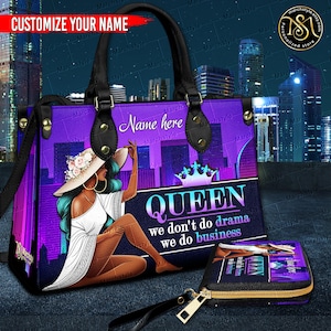 Marchstyle - パーソナライズされたレザーハンドバッグと財布、Queen Don't Do Drama We Do Business、カスタムネームのアフリカ系アメリカ人起業家ウォレット
