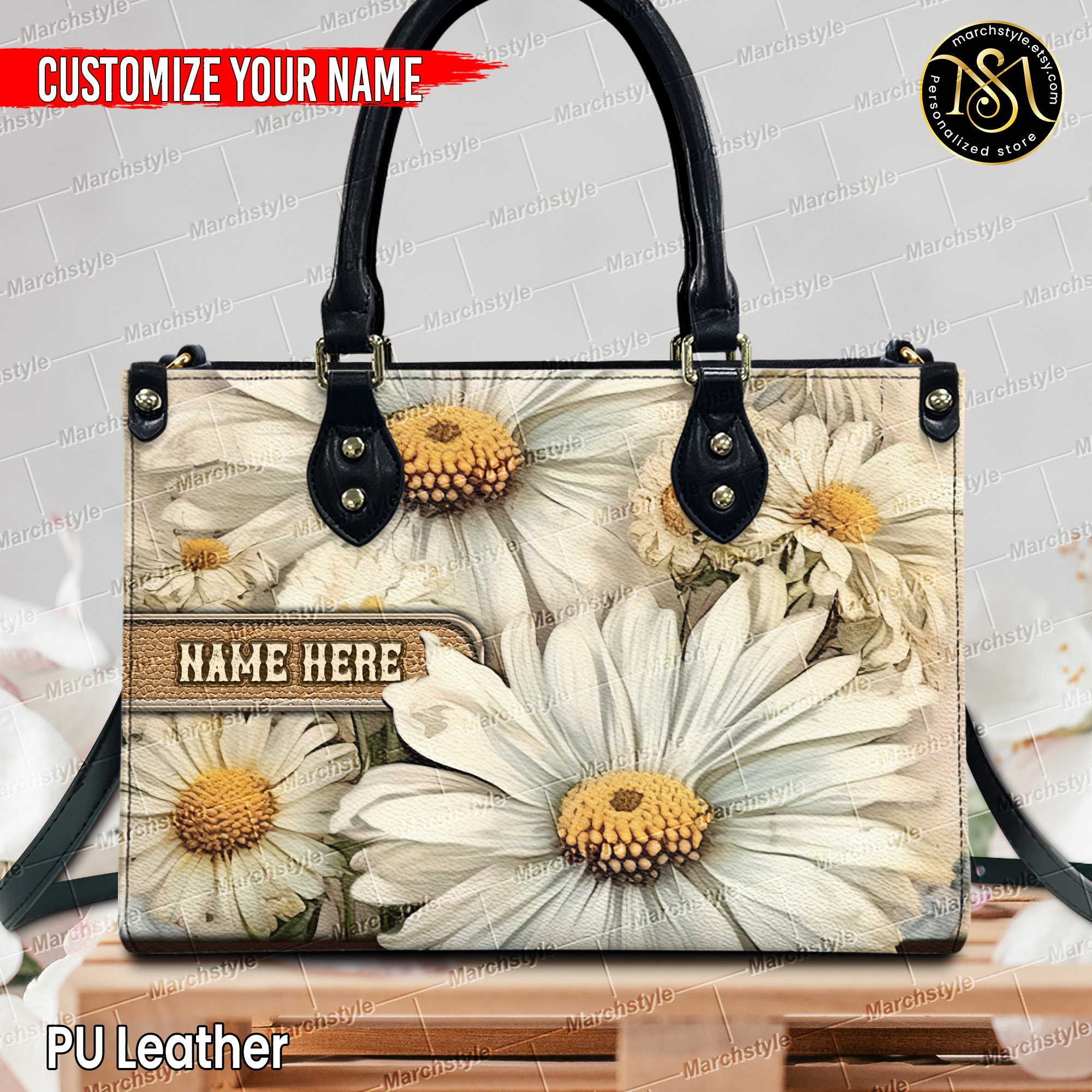 Discover Marchstyle - Personalized PU Leather Handbag With Daisy Flower, Custom Name Wallet With Vintage Style Daisies, April Birthday Bag