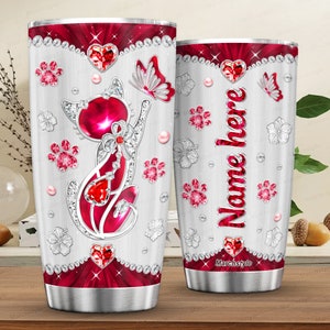 Marchstyle - Personalized Cat Tumbler With Name Jewelry Style, Cat Gifts For Women Birthday,Valentines Day Gifts for Her,Gifts Animal Lovers