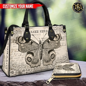Märzstil - Schmetterling Vintage Handtasche & Geldbörse, 70er Ledertasche, Custom Name Vintage Schmetterling Umhängetasche mit Buchstabe, Hope Handtasche