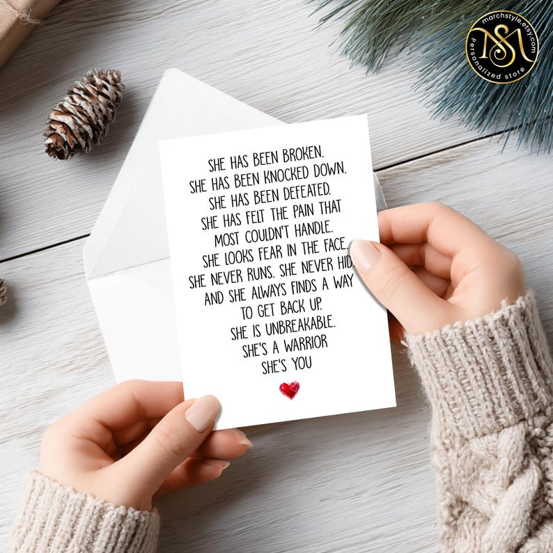 Tarjeta inspiradora de mujer fuerte (12,7 x 18,8 cm), con cita de mujer guerrera, regalo de ánimo para ella, tarjeta de empoderamiento motivacional, mensaje inspirador. imagen 3