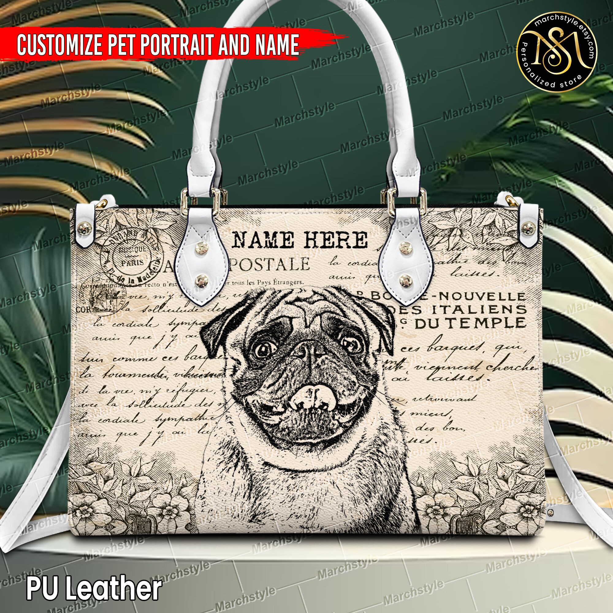 Discover Marchstyle - Personalized Pet Portrait Painting 70s Leather handbag, Vintage Bag with 70s style dog cat drawing,Custom Pet Wallet