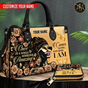 Marchstyle - Bolso y cartera de cuero personalizados con retrato de mujer negra y rosa de lujo, billetera personalizada con nombre y refranes, belleza de mujer afro