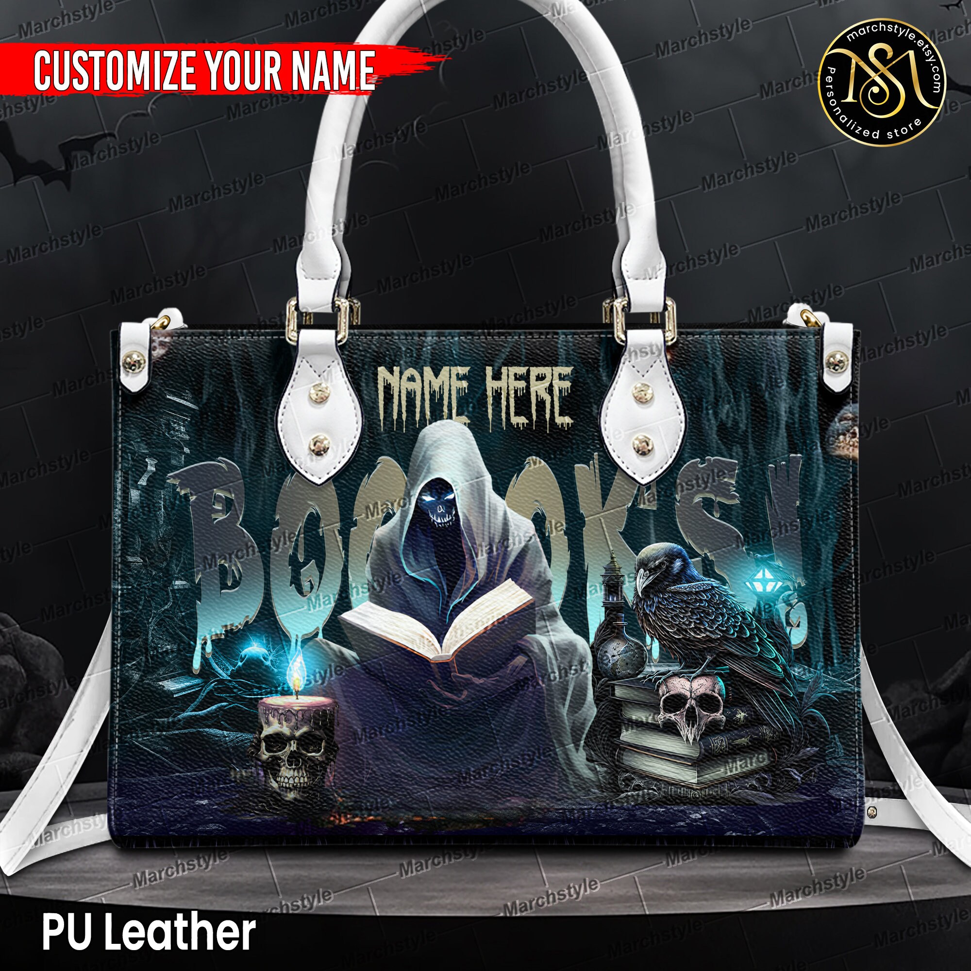 Discover Marchstyle - Personalized Leather Handbag With Ghost Book Reading Halloween, Custom Name Ghost Book Wallet,Book Lover Halloween Gift