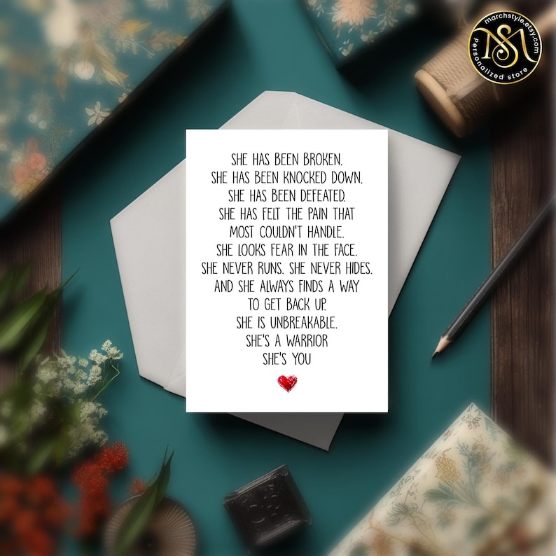 Tarjeta inspiradora de mujer fuerte (12,7 x 18,8 cm), con cita de mujer guerrera, regalo de ánimo para ella, tarjeta de empoderamiento motivacional, mensaje inspirador. imagen 6