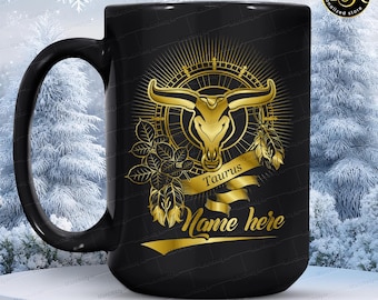 Personalized Taurus Mug, Custom Name Zodiac Coffee Cup, Astrology Birthday Gift for Taurus Woman Man, Star Sign Horoscope Mug