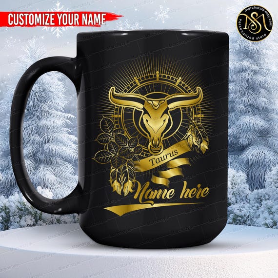 Personalized Taurus Mug, Custom Name Zodiac Coffee Cup, Astrology Birthday Gift for Taurus Woman Man, Star Sign Horoscope Mug