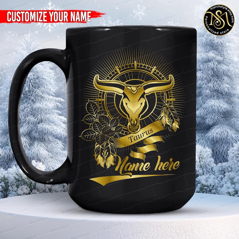 Personalized Taurus Mug, Custom Name Zodiac Coffee Cup, Astrology Birthday Gift for Taurus Woman Man, Star Sign Horoscope Mug 15oz