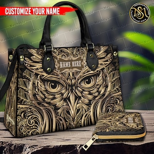 Märzstil - Custom Name Vintage Eule Handtasche & Geldbörse, personalisierte Lederhandtasche mit Eule, Brieftasche für Liebhaber Eule,Eulen Schultertasche,Eulenliebhaber