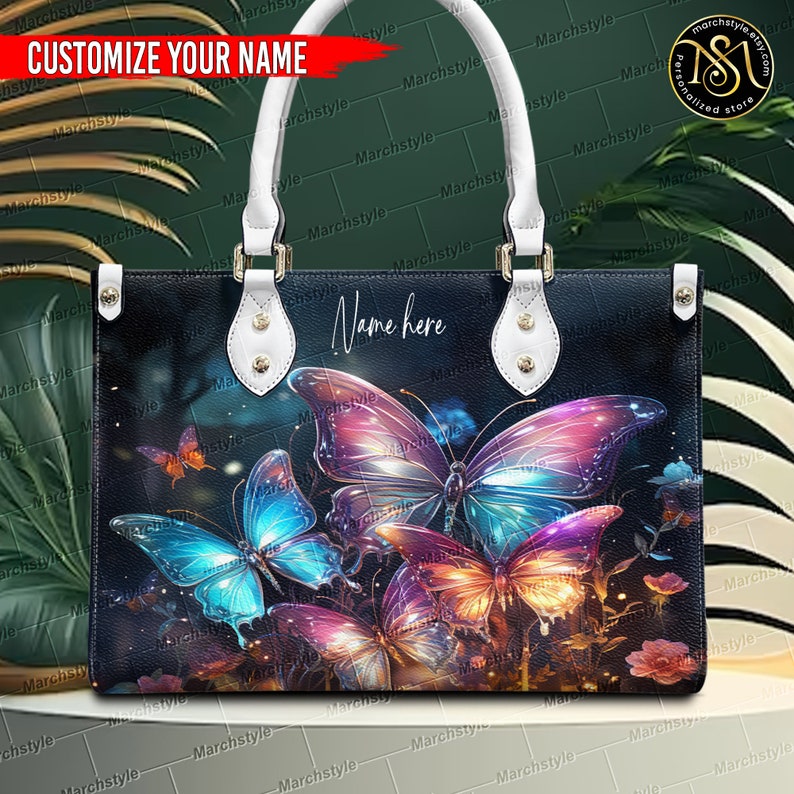 Marchstyle Custom Name Magic Forest With Colorful Butterflies Leather Bag & Purse, Dream Forest Butterfly with Colorful Wings Bag Wallet image 7