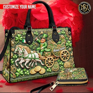 Marchstyle - Cartera y bolso de cuero personalizados con efecto de carruaje de gnomo falso en 3D para el Día de San Patricio, billetera con gnomos góticos y nombre personalizado