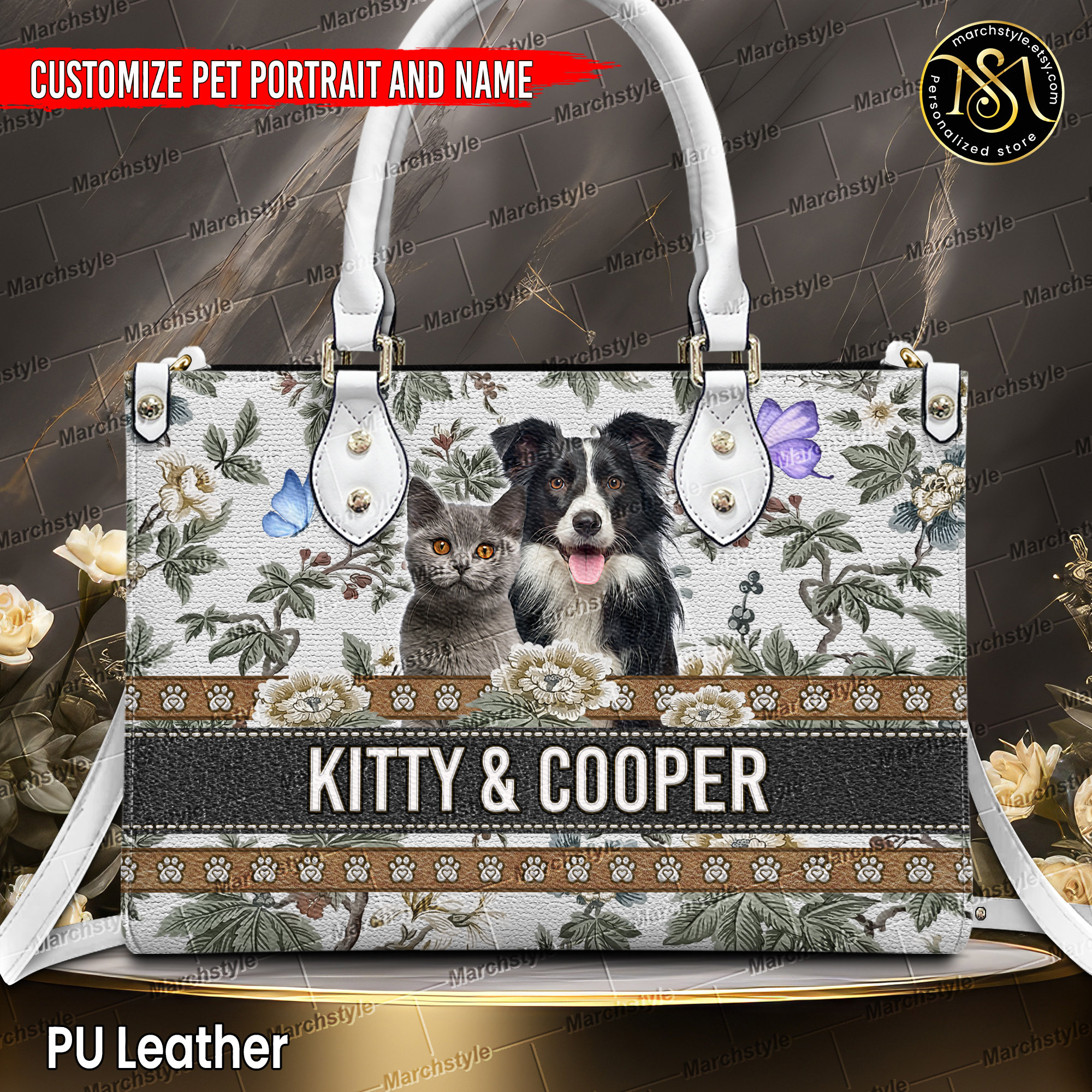 Discover Marchstyle - Personalized Pet Portrait Painting From Photo & Name Leather handbag