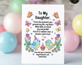 Tarjeta de cumpleaños para hija, regalo para mi hija, tarjeta de cumpleaños sentimental para hija, tarjeta de felicitación emotiva, linda tarjeta con pájaro y mariposa.