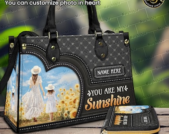 Personalized Leather Handbag or Wallet With Your Photo Heart Design, You Are My Sunshine Purse, Custom Name Sunflower Family