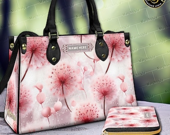 Bolsos de mano de cuero con diseño floral de diente de león rosa y nombre personalizado con correa para el hombro para mujeres, hombres y adultos, regalo para amantes de los dientes de león.