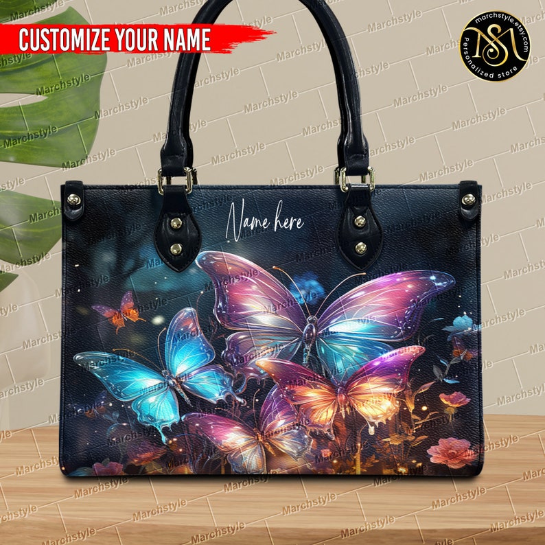 Marchstyle Custom Name Magic Forest With Colorful Butterflies Leather Bag & Purse, Dream Forest Butterfly with Colorful Wings Bag Wallet image 9