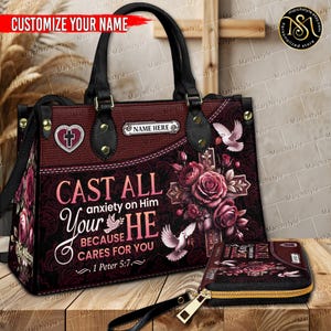 Marchstyle - Cartera y bolso de cuero personalizados con Deposita toda tu ansiedad en Él porque Él se preocupa por ti, billetera con versículo bíblico y nombre personalizado