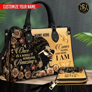 Marchstyle - Personalized Leather Handbag & Purse With Portrait Black Woman Rose Luxury, Custom Name with Sayings Wallet, Beauty Afro Woman