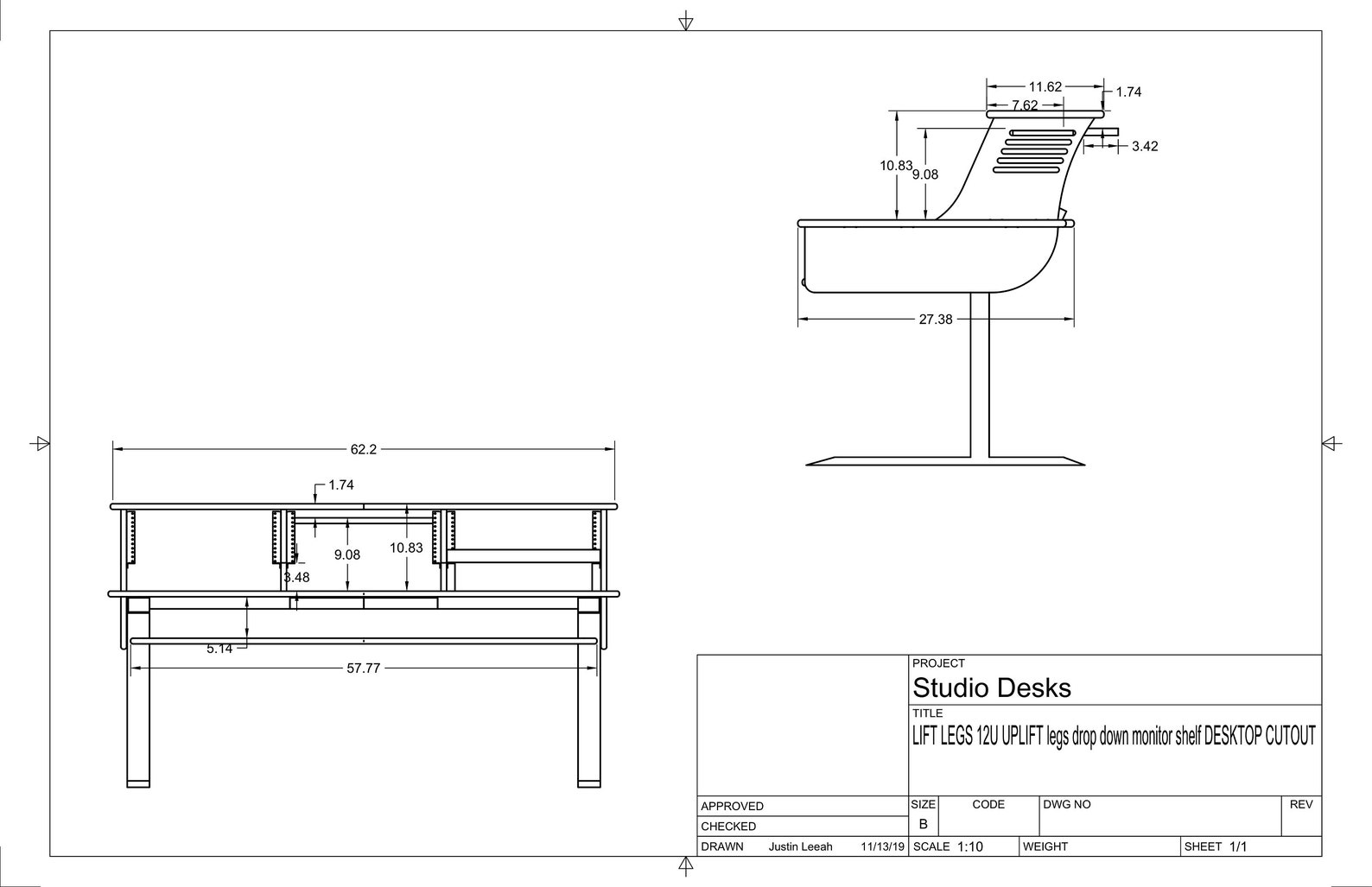 12U Recording Studio Desk Sit Stand Lift Desk LEGS INCLUDED COMPLETE ...