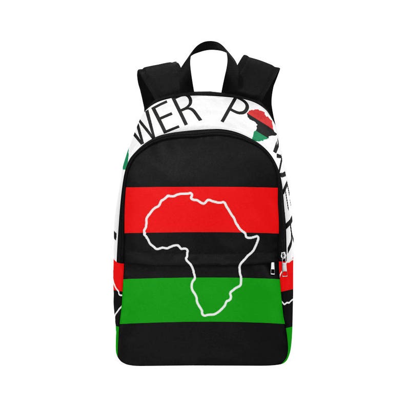 May include: Black backpack with red, black, and green stripes featuring a white outline of the continent of Africa. The backpack has the words "Power" and "Pride" printed on it.