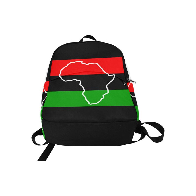 May include: Black backpack with red, green, and white stripes. The backpack features a white outline of the continent of Africa.