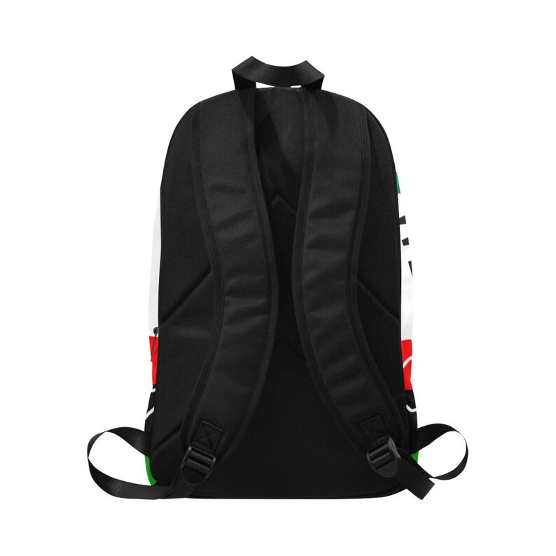 May include: Black backpack with adjustable straps and a white, red, and green design. The design features a stylized graphic with the text "Peace" in a bold font.