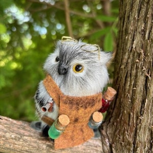 May include: A small gray owl wearing glasses and a brown vest with multiple glass vials attached. The owl is perched on a tree branch.