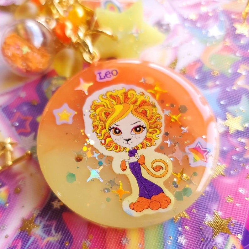 Leo Y2k Lisa Frank Zodiac Sticker Liquid Shaker Charm Keychain Etsy