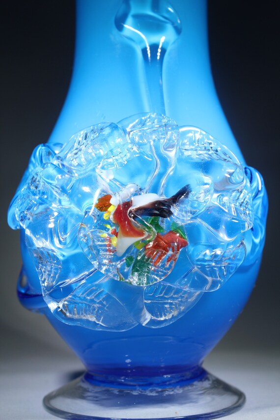 Sea Blue Opaque White Victorian Ruffle Top Art Glass Vase Elegant Color Pop Collectible w Bright Applied Multi color Flower Relief il 570xN fq93