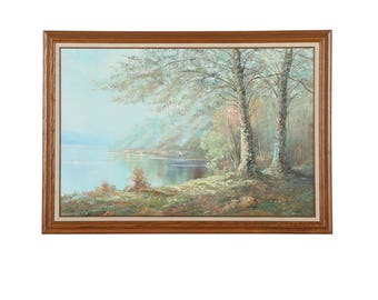 Original Impressionist Style Oil Painting on Canvas of Lakeside Scene