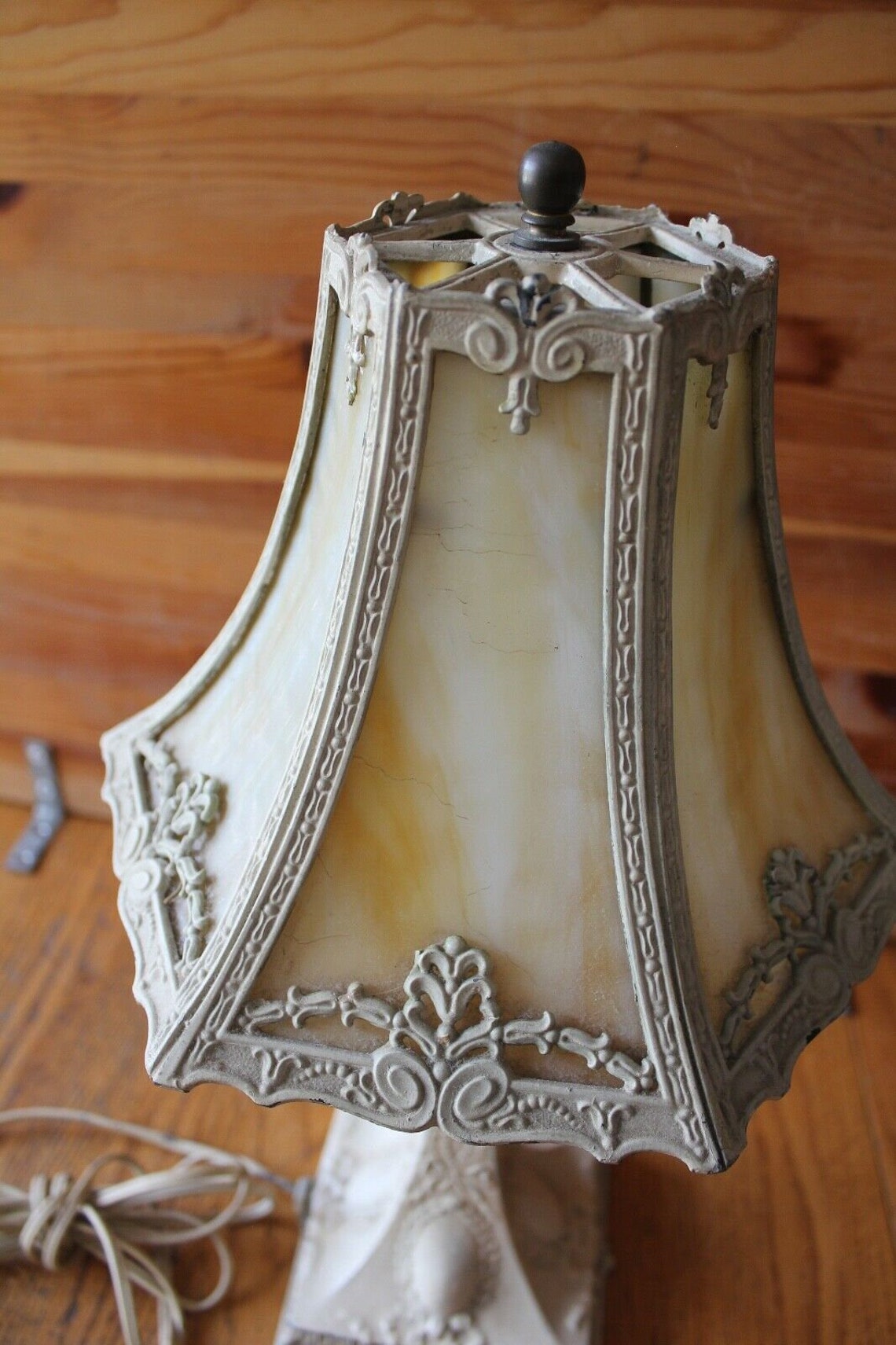 Vintage Table Lamp Curved Caramel Slag glass Shade Spelter Etsy