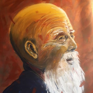 Grand tableau peinture huile et acrylique portrait du monde sage asiatique abstrait
