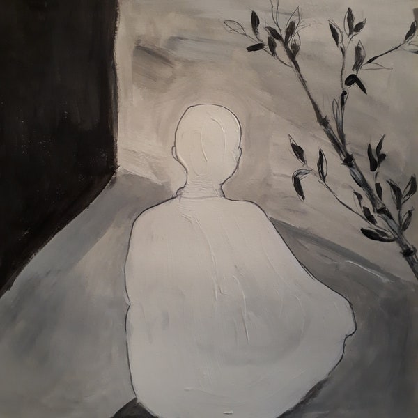 Tableau peinture acrylique noir et blanc moine bouddhiste prière abstrait zen épuré