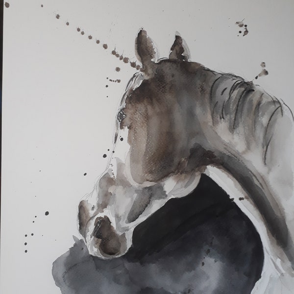 Tableau aquarelle noir et Blanc cheval