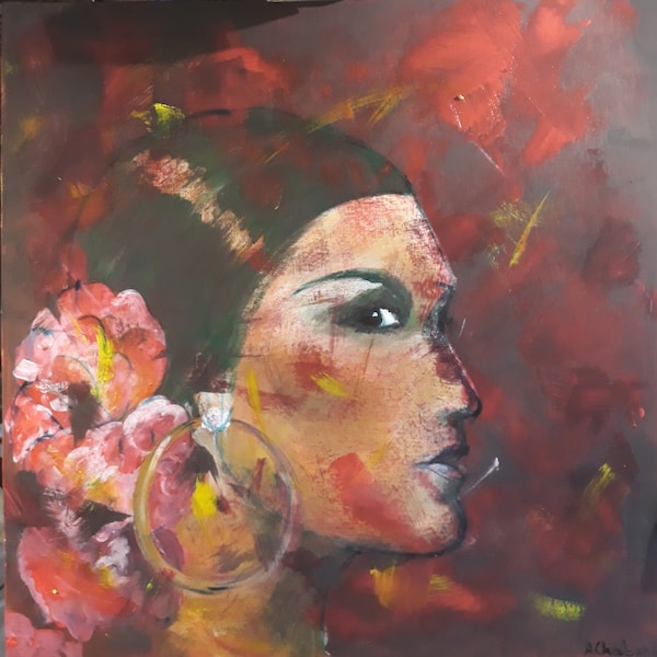 Tableau peinture acrylique portrait femme danseuse flamenco espagnole ton chaud