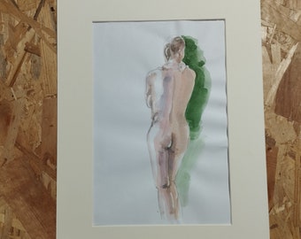 Tableau peinture aquarelle étude corps humain modèle vivant femme nue