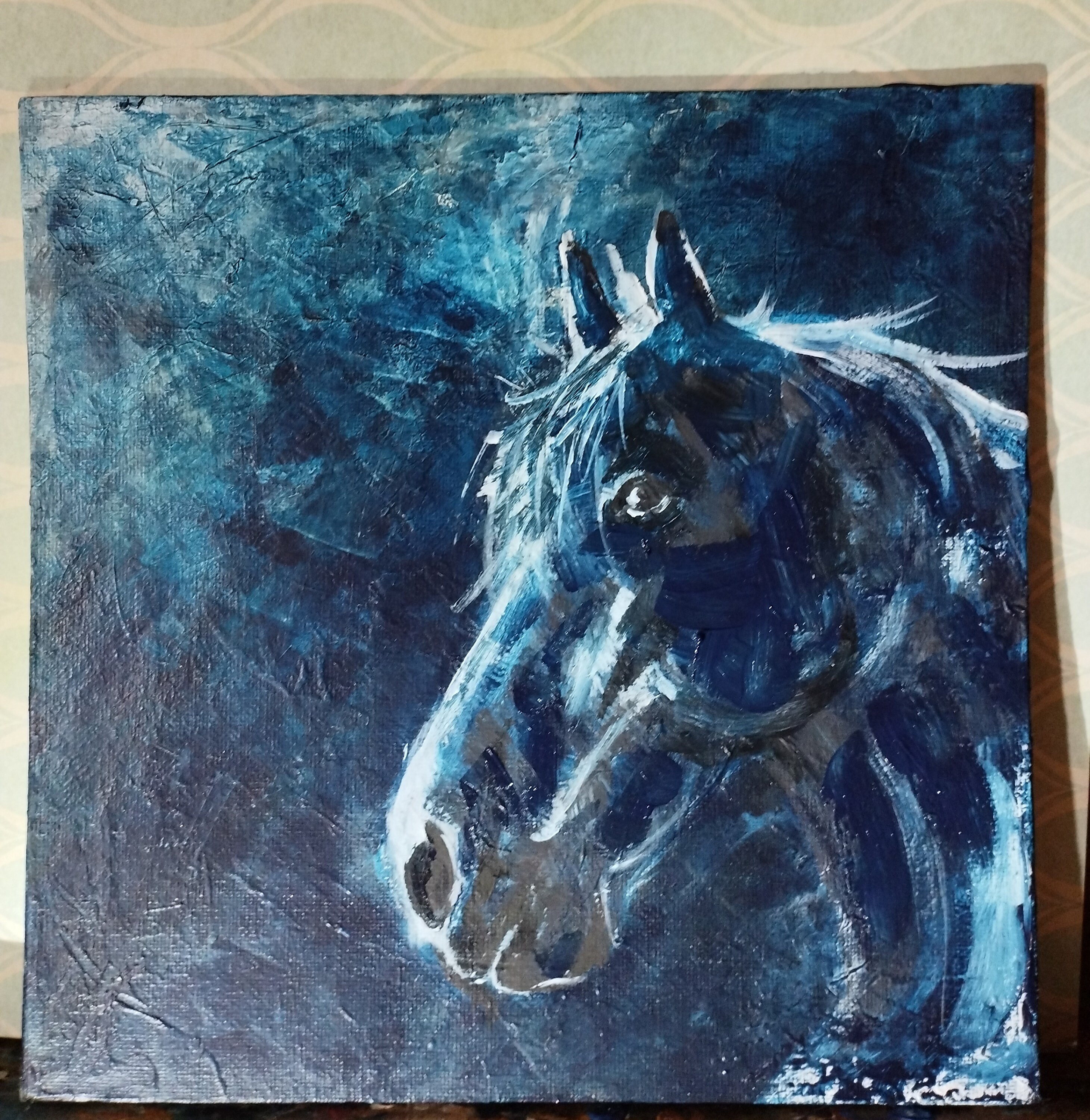 正方形のアクリル絵の具 - 青い馬の肖像画 - Etsy 日本
