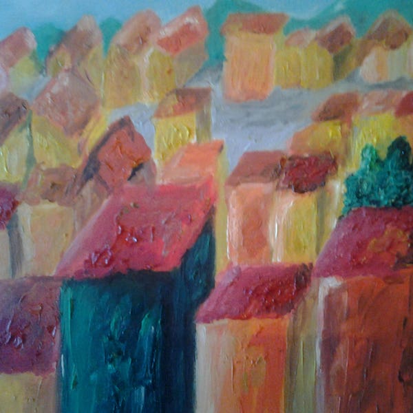 tableau peinture abstrait village très coloré