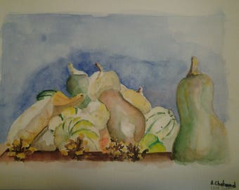 tableau peinture nature morte - légumes d'automne à l'aquarelle - courge butternut patidou patisson pommes de pin - retour du jardin potager