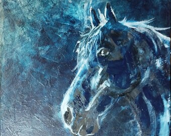正方形のアクリル絵の具 - 青い馬の肖像画 - Etsy 日本