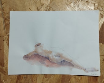 Tableau peinture aquarelle étude corps humain modèle vivant femme nue